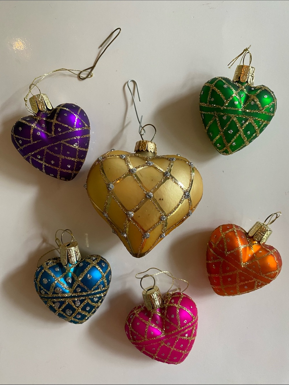 Vintage Hearts Blown Glass with Gold Glitter set of 6 different colors